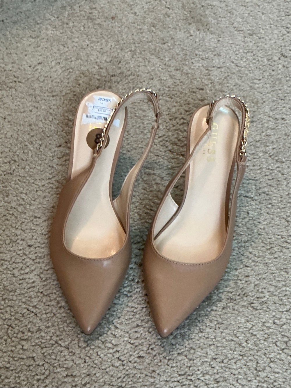Guess Pointed Toe Slingback Heels in Tan  with Gold Chain
